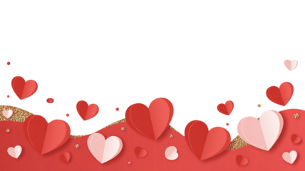 A romantic backdrop of layered paper hearts in shades of red and white against a transparent void. Valentine background with hearts and flowers
