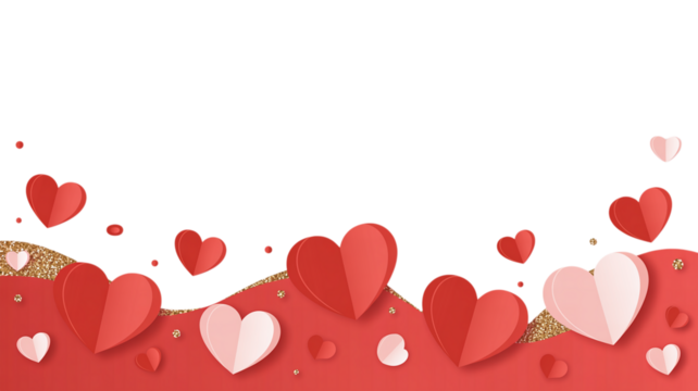 A romantic backdrop of layered paper hearts in shades of red and white against a transparent void. Valentine background with hearts and flowers