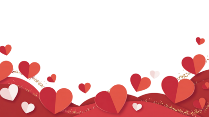 A romantic backdrop of layered paper hearts in shades of red and white against a transparent void. Valentine background with hearts and flowers