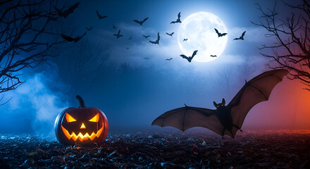 Spooky Halloween scene with pumpkin and bat under full moon Keywords: Halloween, spooky, pumpkin
