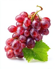 Fresh red grapes with lush green leaves are beautifully arranged on a white background, showcasing their vibrant color and natural texture in a light and inviting composition.