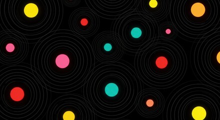 Fototapeta premium Abstract artwork showcasing vibrant, luminous circles with an array of colors like red, pink, yellow, and teal set against a deep black backdrop.