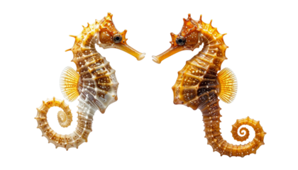 Pair of Seahorses Collection in Unique Poses isolated on transparent background.