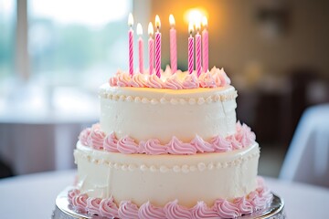 A delightful two-tiered birthday cake, adorned with pink frosting swirls and flickering candles, sits ready to celebrate a special day in warm, soft lighting.