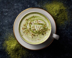 Overhead View of Creamy Matcha Latte in Elegant Cup with Powdered Garnish.
