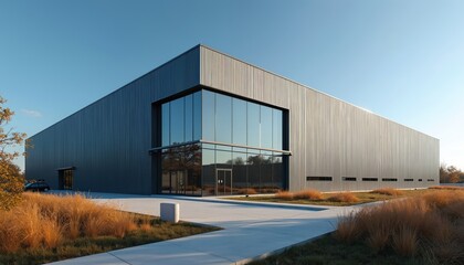 Fototapeta premium Modern gray warehouse building with large glass windows, metal facade. Industrial facility with blue sky background. Concrete pathway leads to building entrance. Grass, trees surrounding structure.