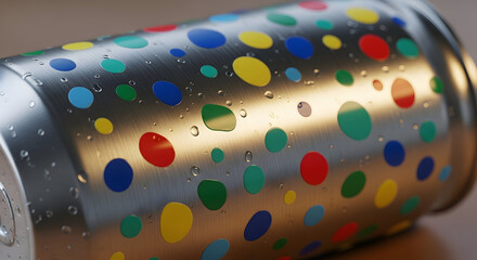 Aluminum can with colorful polka dots