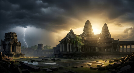 Ancient temple ruins under stormy skies