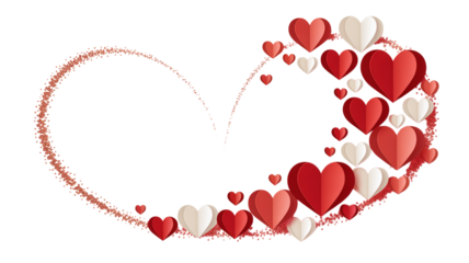 A romantic backdrop of layered paper hearts in shades of red and white against a transparent void. Valentine background with hearts and flowers