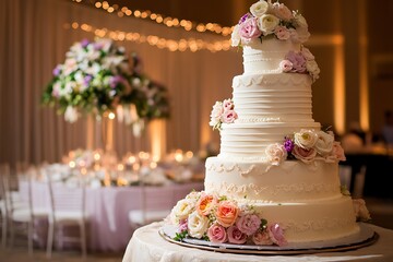 A magnificent five-tiered wedding cake adorned with cascading pastel roses and delicate lace, glowing softly under warm ambient lighting.