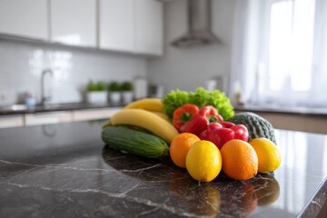 A stylish black marble kitchen counter showcases an array of fresh fruits and vegetables, complemented by white walls. The minimalist design and soft lighting create a serene and inviting atmosphere.