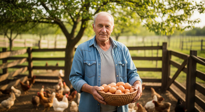 Proud senior farmer showcases a bountiful harvest of fresh organic brown eggs in a basket, surrounded by his flock of free-range chickens - Powered by Adobe