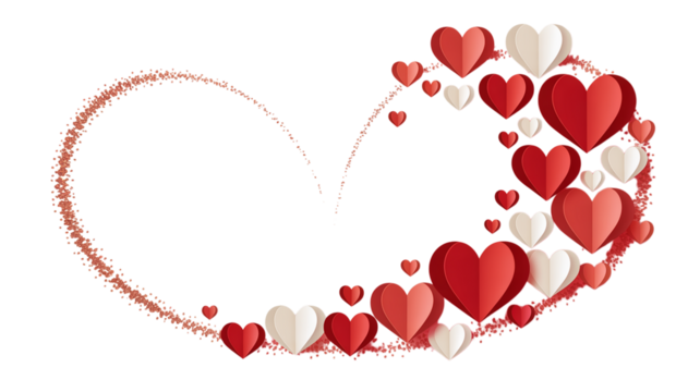 A romantic backdrop of layered paper hearts in shades of red and white against a transparent void. Valentine background with hearts and flowers - Powered by Adobe