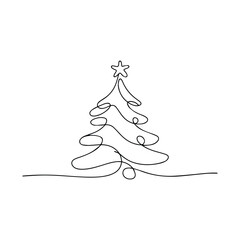 Minimalist continuous line drawing of a christmas tree with a star on top