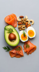 Assortment of healthy food ingredients on grey background