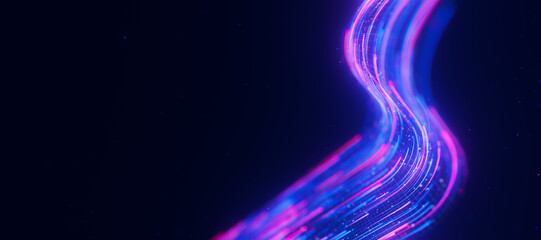 Bigdata light speed data flow S-turn closeup. Abstract digital data stream of quantum computing. Cyberspace of qubit trails. Modern tech information transmission.