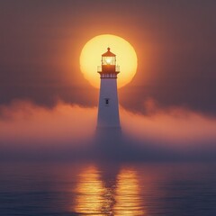 A tall, white beacon stands silhouetted against the setting sun, reflected in still waters