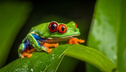 Fototapeta premium Colorful frog on a leaf in a jungle setting