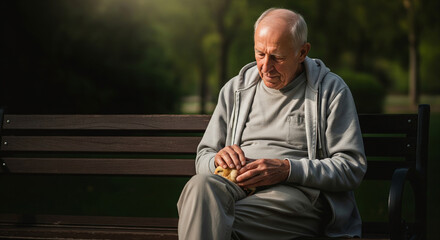 A lonely senior man sits on a park bench, looking downcast while eating a simple meal, reflecting on life's solitude and aging