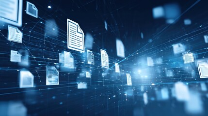 Abstract network grid with files and folders, futuristic software interface, digital document management system, store, search and organize documents, corporate business, paperless office	