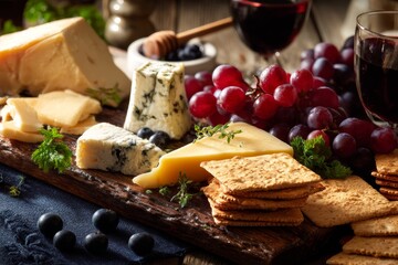 Cheese platter with grapes and crackers.