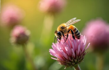 Honey bee collects nectar on clover flower. Insect working on pollination. Bee gathering pollen on summer meadow. Macro shot of insect on a pink flower in sunlight.