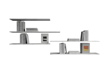 Modern minimalist shelving unit filled with books and decorative items
