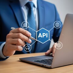 Businessman in Suit Engaging with a Digital Api Interface, Showcasing Application Programming Interface Concepts, System Integration, Cloud Computing, and Global Network Connectivity