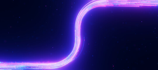Bigdata light speed data flow S-turn. Abstract digital data stream of quantum computing. Cyberspace of qubit trails. Modern tech information transmission.