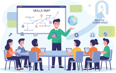 Employee Training and Onboarding Success Vector Illustration. Wide Landscape New Hires Learning Skills