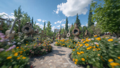 Whimsical Garden with Musical Instruments Enveloped in Nature