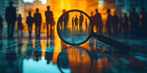 Silhouetted figures are viewed through a magnifying glass, suggesting an investigation or examination