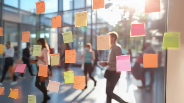 Sticky notes with handwritten text are attached to a glass wall in a modern office, creating a visual representation of brainstorming and collaboration during a productive workday