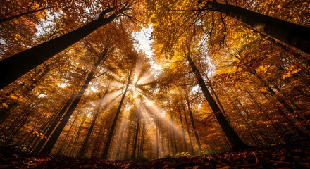 Autumnal forest trees sun rays nature