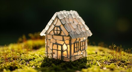 Naklejka premium Small, illuminated house made of mosaic tiles on mossy ground