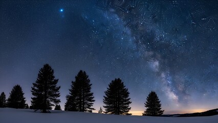 Fototapeta premium The Milky Way arches over a snowy landscape dotted with evergreen trees under a dark blue night sky.