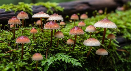 Fototapeta premium Cluster of small, delicate mushrooms growing on mossy wood