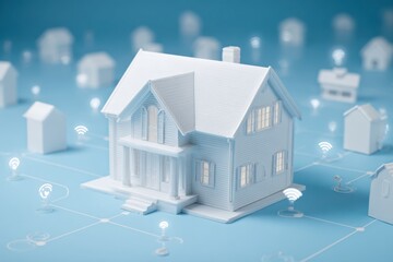 A minimalistic white house model adorned with smart home icons and network connections, set against a blue background. The light gray tones evoke a modern, sleek feel,
