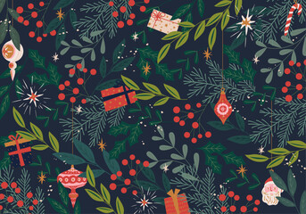 クリスマスのための背景。ひいらぎやオーナメントのフラットなデザイン。ベクターイラスト。