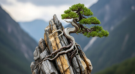Bonsai tree growing on rock formation