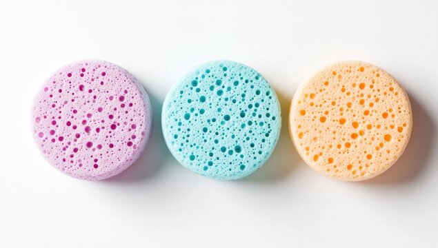 Three pastel-colored round sponges, arranged horizontally on a white background.  The sponges feature a textured, porous surface with small, evenly spaced holes
