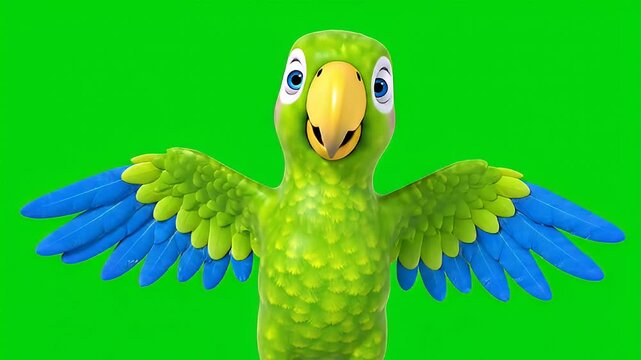 Animation Cartoon parrot with blue wings on a green screen background.