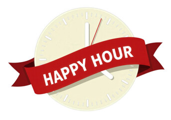 A promotional image for happy hour, featuring a clock with a red ribbon. This image is perfect for advertising discounts on drinks and food at bars and restaurants.
