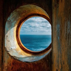 Porthole View - Azure Ocean and Cloudy Sky Framed by Weathered Metal.