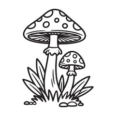 Whimsical Mushroom Duo in a Patch of Grass A Charming Black and White Line Art Illustration for Coloring Books