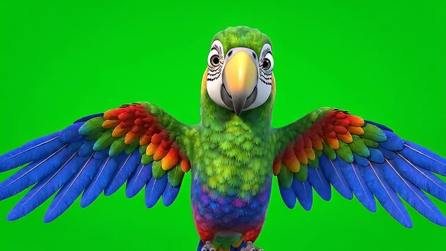 Animation A vibrant cartoon parrot with green, blue, red, and orange feathers spreads its wings against a bright green screen background.