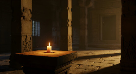 Candle illuminated stone structure interior