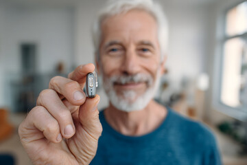 Fototapeta premium Smiling senior man holding a small hearing aid device in his fingers inside a bright home setting