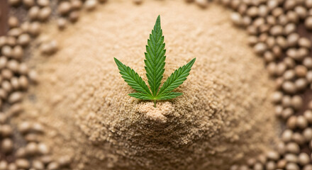 Cannabis leaf on powdered substance