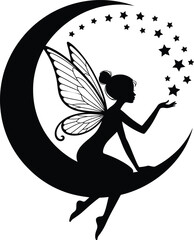 Elegant fairy silhouette with delicate wings isolated on transparent background